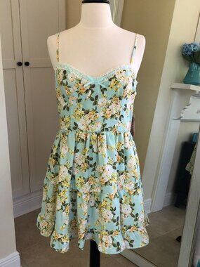Blue Floral Babydoll Sundress XL Ruffle Tiered Ribbon Lace NWT
